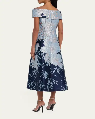 Rickie Freeman for Teri Jon Off-Shoulder Metallic Jacquard Midi Dress | Thumbnail 3