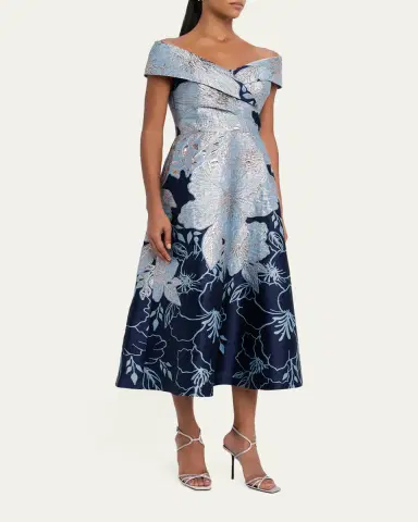 Rickie Freeman for Teri Jon Off-Shoulder Metallic Jacquard Midi Dress | Thumbnail 4
