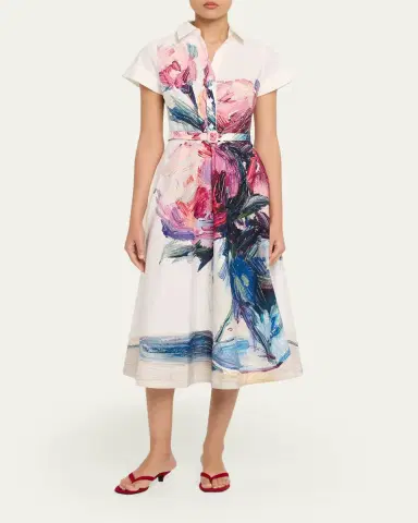 Rickie Freeman for Teri Jon Cotton Floral Short-Sleeve Shirtwaist Dress | Thumbnail 2