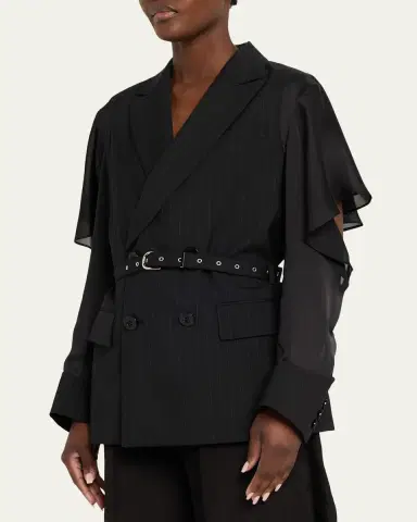 SACAI Chalk Striped Belted Double-Breasted Jacket | Thumbnail 4