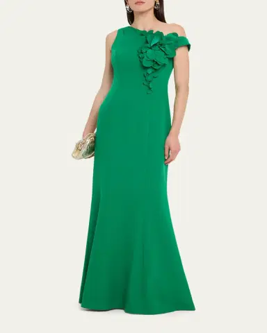 Rickie Freeman for Teri Jon One-Shoulder Floral Applique Stretch Crepe Gown | Thumbnail 2