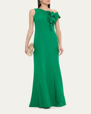 Rickie Freeman for Teri Jon One-Shoulder Floral Applique Stretch Crepe Gown | Thumbnail 4
