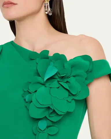 Rickie Freeman for Teri Jon One-Shoulder Floral Applique Stretch Crepe Gown | Thumbnail 5