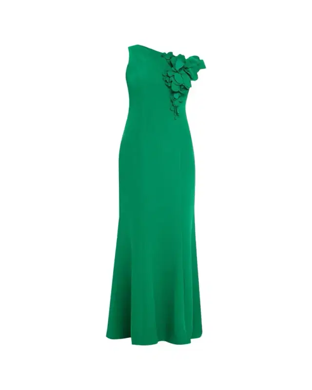 Rickie Freeman for Teri Jon One-Shoulder Floral Applique Stretch Crepe Gown