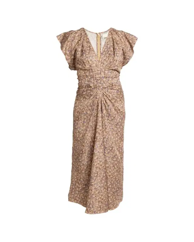 Lyndsay Floral Satin Flutter-Sleeve Midi Dress