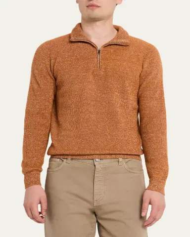Fioroni Men's Cashmere/Linen Melange Ribbed-Knit Half-Zip Sweater | Thumbnail 4