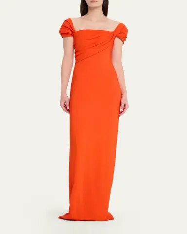 Oscar de la Renta Cap-Sleeve Draped Cady Column Gown | Thumbnail 2