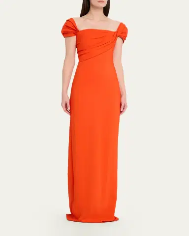 Oscar de la Renta Cap-Sleeve Draped Cady Column Gown | Thumbnail 4