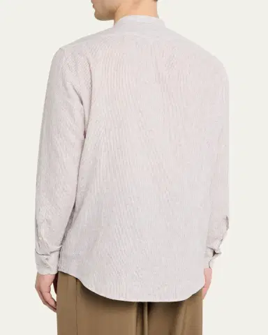 Massimo Alba Men's Noto2 Linen Hairline Stripe Band-Collar Sport Shirt | Thumbnail 3