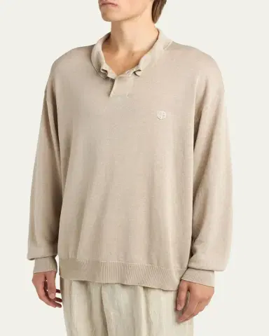 Giorgio Armani Men's Linen-Blend Polo Sweater | Thumbnail 4