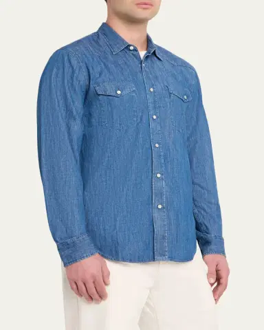 OFFICINE GÉNÉRALE Men's Maverick Snap-Front Chambray Western Shirt | Thumbnail 4 OFFICINE GÉNÉRALE Men's Maverick Snap-Front Chambray Western Shirt | Thumbnail 4