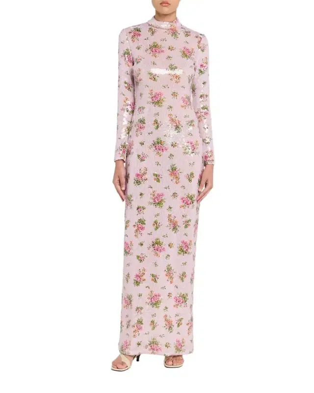 Sequined Floral Long-Sleeve Column Maxi Dress