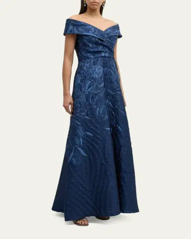 Rickie Freeman for Teri Jon Off-Shoulder Metallic Jacquard Gown | Thumbnail 2