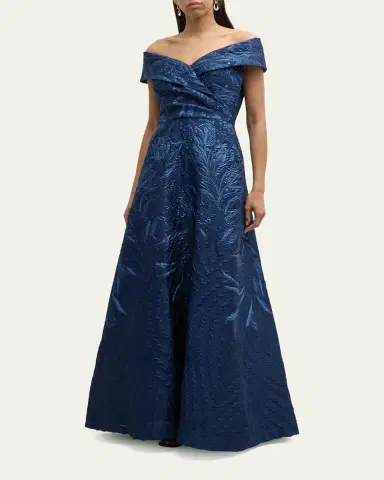 Rickie Freeman for Teri Jon Off-Shoulder Metallic Jacquard Gown | Thumbnail 3