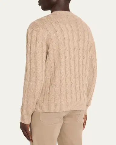 Zegna Men's Beige Melange Cable-Knit Crewneck Sweater | Thumbnail 3 Zegna Men's Beige Melange Cable-Knit Crewneck Sweater | Thumbnail 3