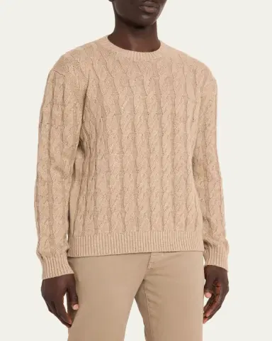 Zegna Men's Beige Melange Cable-Knit Crewneck Sweater | Thumbnail 4 Zegna Men's Beige Melange Cable-Knit Crewneck Sweater | Thumbnail 4