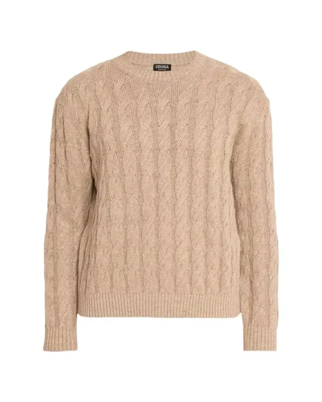 ZEGNA Men's Beige Melange Cable-Knit Crewneck Sweater