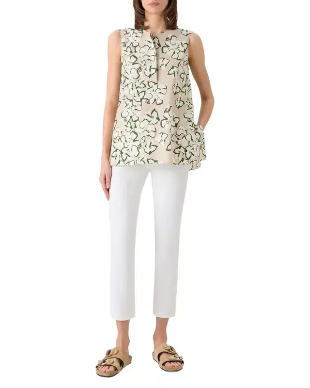Akris punto Papercut Flower Print Cotton Poplin Sleeveless Tunic Blouse