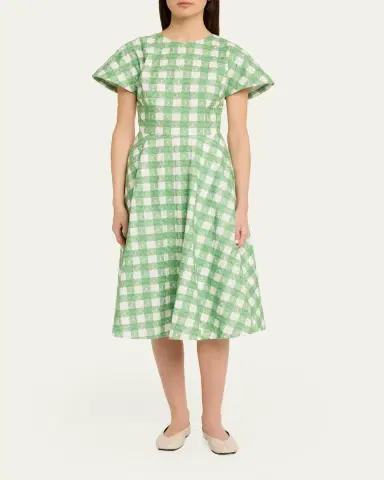 Rosie Assoulin Buttercup Gingham Short-Sleeve Midi Dress | Thumbnail 2
