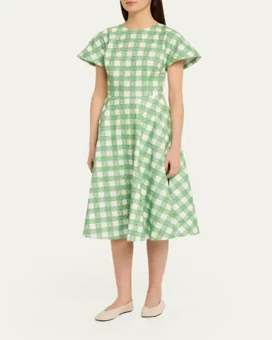 Rosie Assoulin Buttercup Gingham Short-Sleeve Midi Dress | Thumbnail 4