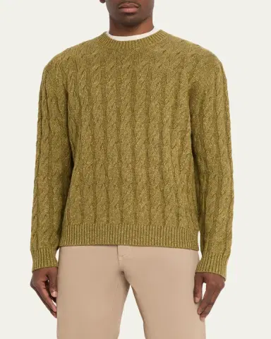 Zegna Men's Cable-Knit Melange Cashmere-Blend Crewneck Sweater | Thumbnail 4 Zegna Men's Cable-Knit Melange Cashmere-Blend Crewneck Sweater | Thumbnail 4