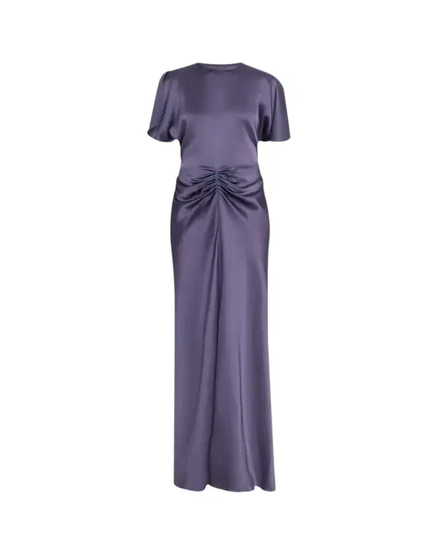 Gathered Waist Flutter-Sleeve Satin Gown