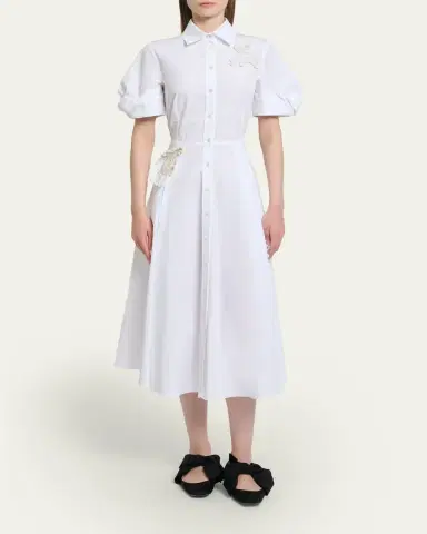 Erdem Pleated Floral Applique Cotton Midi Shirtdress | Thumbnail 2 Erdem Pleated Floral Applique Cotton Midi Shirtdress | Thumbnail 2