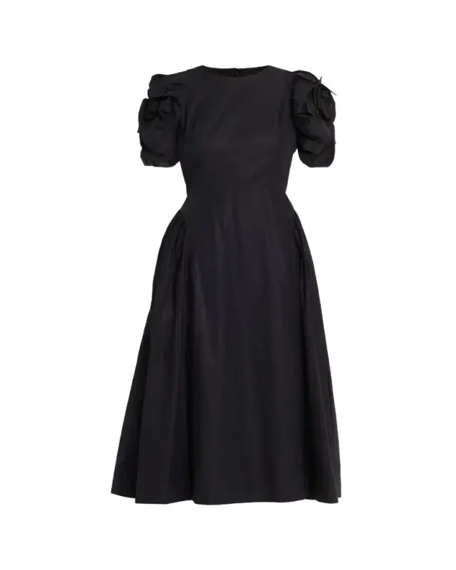 Rose Puff-Sleeve Fit-And-Flare Midi Dress