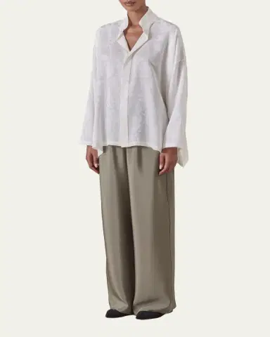 Eskandar Wide A-Line Double Stand Collar Shirt - Mid Plus Length | Thumbnail 2 Eskandar Wide A-Line Double Stand Collar Shirt - Mid Plus Length | Thumbnail 2