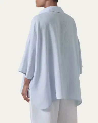 Eskandar Sloped Shoulder Wide A-Line Short Sleeve Shirt With Collar - Mid Length | Thumbnail 3 Eskandar Sloped Shoulder Wide A-Line Short Sleeve Shirt With Collar - Mid Length | Thumbnail 3