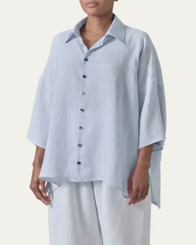 Eskandar Sloped Shoulder Wide A-Line Short Sleeve Shirt With Collar - Mid Length | Thumbnail 4 Eskandar Sloped Shoulder Wide A-Line Short Sleeve Shirt With Collar - Mid Length | Thumbnail 4