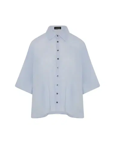 Eskandar Sloped Shoulder Wide A-Line Short Sleeve Shirt With Collar - Mid Length | Thumbnail 1 Eskandar Sloped Shoulder Wide A-Line Short Sleeve Shirt With Collar - Mid Length | Thumbnail 1