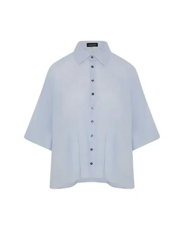 Eskandar Sloped Shoulder Wide A-Line Short Sleeve Shirt With Collar - Mid Length