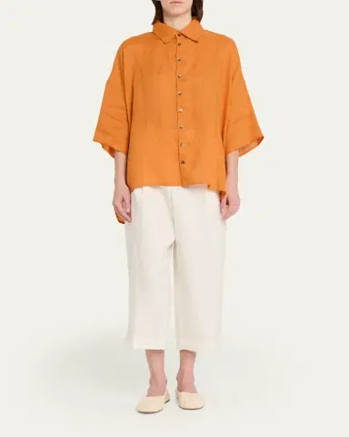 Eskandar Sloped Shoulder Wide A-Line Short Sleeve Shirt With Collar - Mid Length | Thumbnail 6 Eskandar Sloped Shoulder Wide A-Line Short Sleeve Shirt With Collar - Mid Length | Thumbnail 6