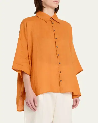 Eskandar Sloped Shoulder Wide A-Line Short Sleeve Shirt With Collar - Mid Length | Thumbnail 8 Eskandar Sloped Shoulder Wide A-Line Short Sleeve Shirt With Collar - Mid Length | Thumbnail 8