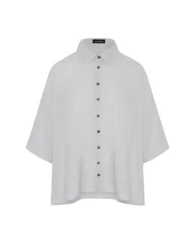Eskandar Sloped Shoulder Wide A-Line Short Sleeve Shirt With Collar - Mid Length | Thumbnail 1 Eskandar Sloped Shoulder Wide A-Line Short Sleeve Shirt With Collar - Mid Length | Thumbnail 1