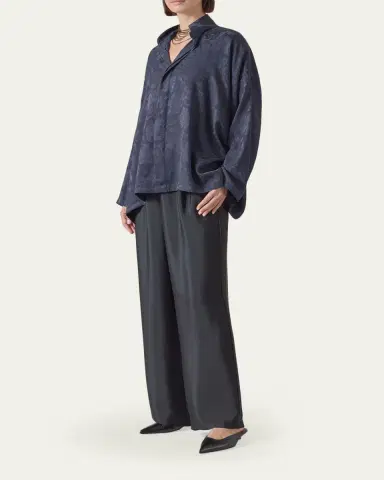 Eskandar Wide A-Line Double Stand Collar Shirt - Mid Plus Length | Thumbnail 2 Eskandar Wide A-Line Double Stand Collar Shirt - Mid Plus Length | Thumbnail 2