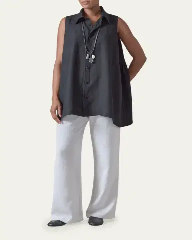 Eskandar Side Pleated Sleeveless Shirt With Collar - Long Length | Thumbnail 2