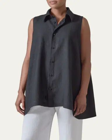 Eskandar Side Pleated Sleeveless Shirt With Collar - Long Length | Thumbnail 4