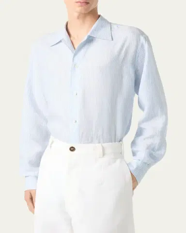 Loro Piana Men's Franco Linen Stripe Button-Down Shirt | Thumbnail 4 Loro Piana Men's Franco Linen Stripe Button-Down Shirt | Thumbnail 4