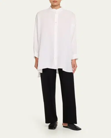 Eskandar Wide A-Line Collarless Classic Shirt - Long Plus Length | Thumbnail 2 Eskandar Wide A-Line Collarless Classic Shirt - Long Plus Length | Thumbnail 2