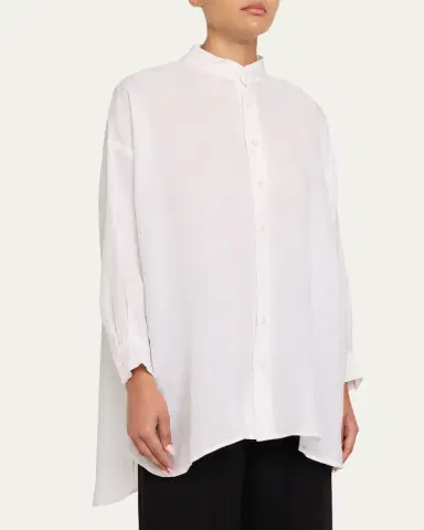 Eskandar Wide A-Line Collarless Classic Shirt - Long Plus Length | Thumbnail 4 Eskandar Wide A-Line Collarless Classic Shirt - Long Plus Length | Thumbnail 4