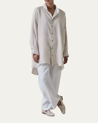 Eskandar Wide A-Line Collarless Classic Shirt - Long Plus Length | Thumbnail 6 Eskandar Wide A-Line Collarless Classic Shirt - Long Plus Length | Thumbnail 6