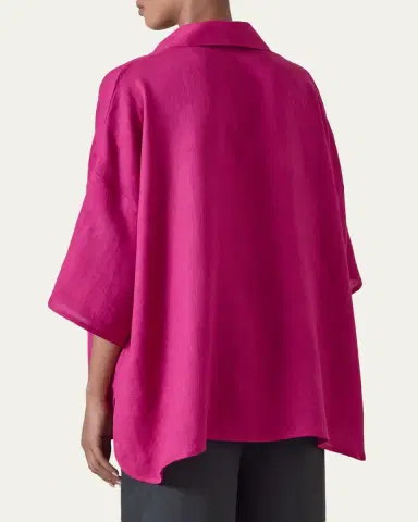 Eskandar Sloped Shoulder Wide A-Line Short Sleeve Shirt With Collar - Mid Length | Thumbnail 2 Eskandar Sloped Shoulder Wide A-Line Short Sleeve Shirt With Collar - Mid Length | Thumbnail 2