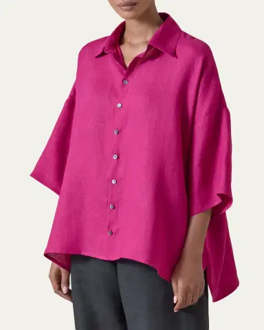 Eskandar Sloped Shoulder Wide A-Line Short Sleeve Shirt With Collar - Mid Length | Thumbnail 3 Eskandar Sloped Shoulder Wide A-Line Short Sleeve Shirt With Collar - Mid Length | Thumbnail 3