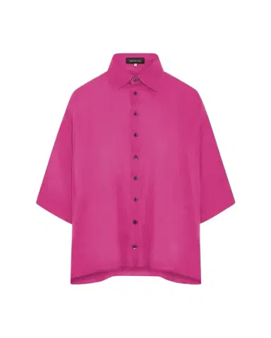 Eskandar Sloped Shoulder Wide A-Line Short Sleeve Shirt With Collar - Mid Length | Thumbnail 1 Eskandar Sloped Shoulder Wide A-Line Short Sleeve Shirt With Collar - Mid Length | Thumbnail 1