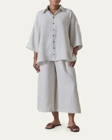 Eskandar Sloped Shoulder Wide A-Line Short Sleeve Shirt With Collar - Mid Length | Thumbnail 2 Eskandar Sloped Shoulder Wide A-Line Short Sleeve Shirt With Collar - Mid Length | Thumbnail 2