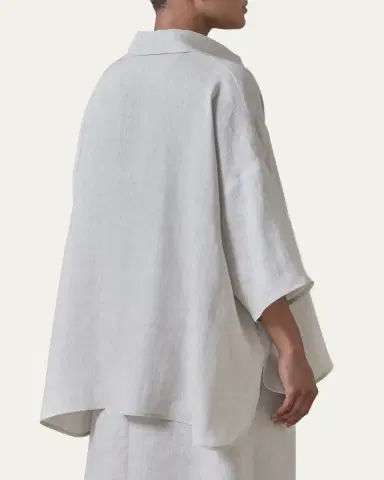 Eskandar Sloped Shoulder Wide A-Line Short Sleeve Shirt With Collar - Mid Length | Thumbnail 3 Eskandar Sloped Shoulder Wide A-Line Short Sleeve Shirt With Collar - Mid Length | Thumbnail 3