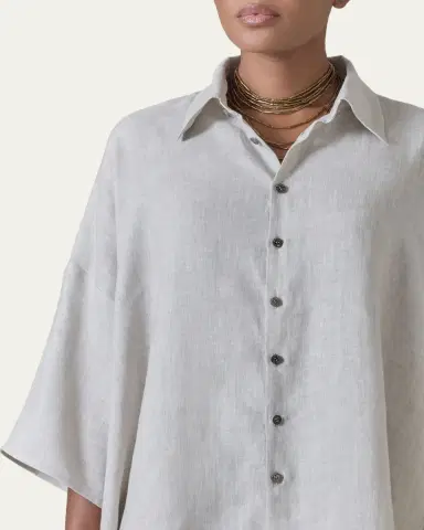 Eskandar Sloped Shoulder Wide A-Line Short Sleeve Shirt With Collar - Mid Length | Thumbnail 5 Eskandar Sloped Shoulder Wide A-Line Short Sleeve Shirt With Collar - Mid Length | Thumbnail 5