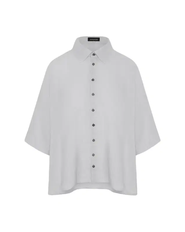 Sloped Shoulder Wide A-Line Short Sleeve Shirt With Collar - Mid Length